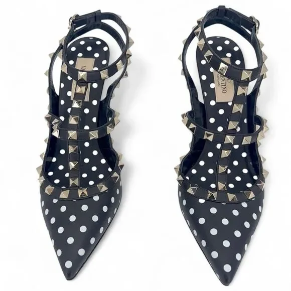 VALENTINO GARAVANI Black Ankle Strap Rockstud White Polkadot Sandals Siz… - Picture 13 of 15